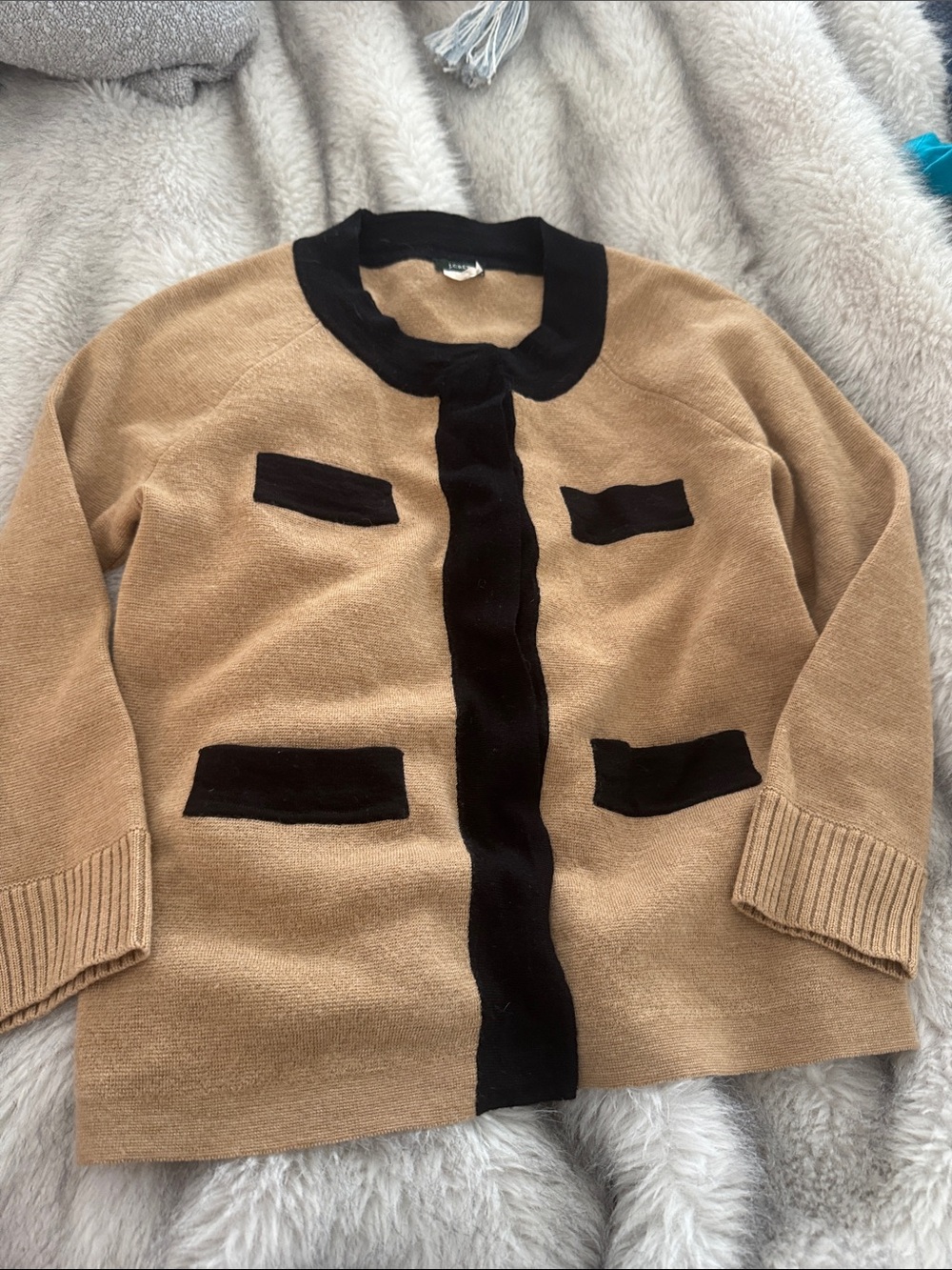 J.Crew Camel Tan Sweater jacket with Black Neck Trim